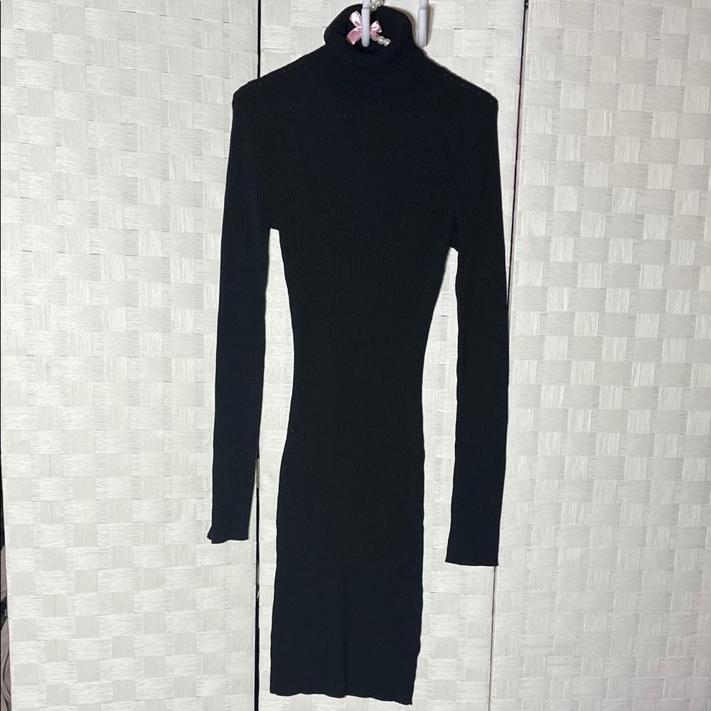 Poof! Black Ribbed Body con Long Sleeve Turtleneck Dress Size Large